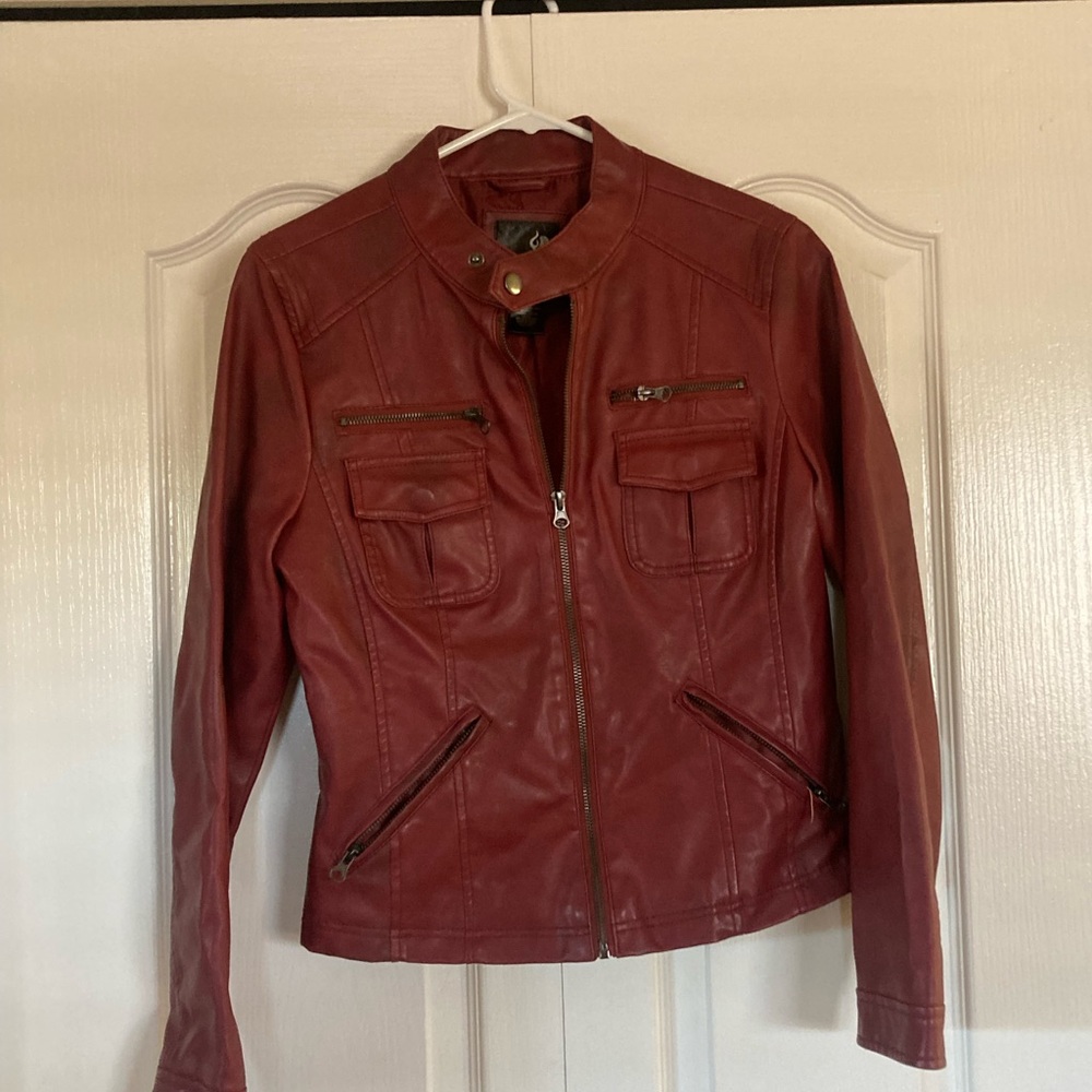 Full Tilt Maroon Leather Motorcycle Jacket with Vintage Look